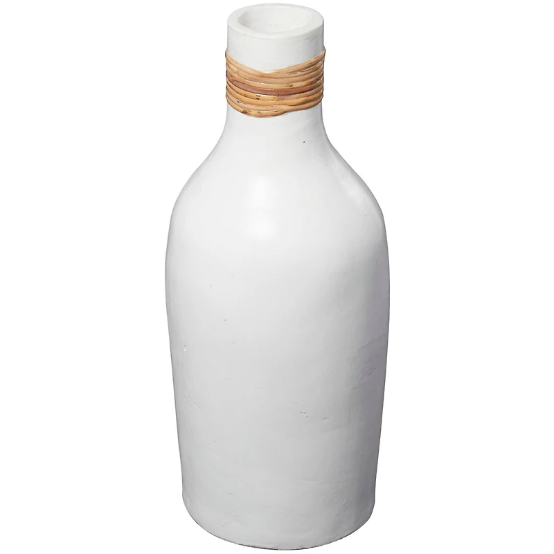 20" White Ceramic Vase with Wrapped Rattan Detailing
