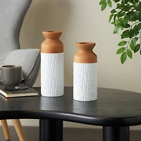 Brown & White Textured Metal & Wood Vase Set