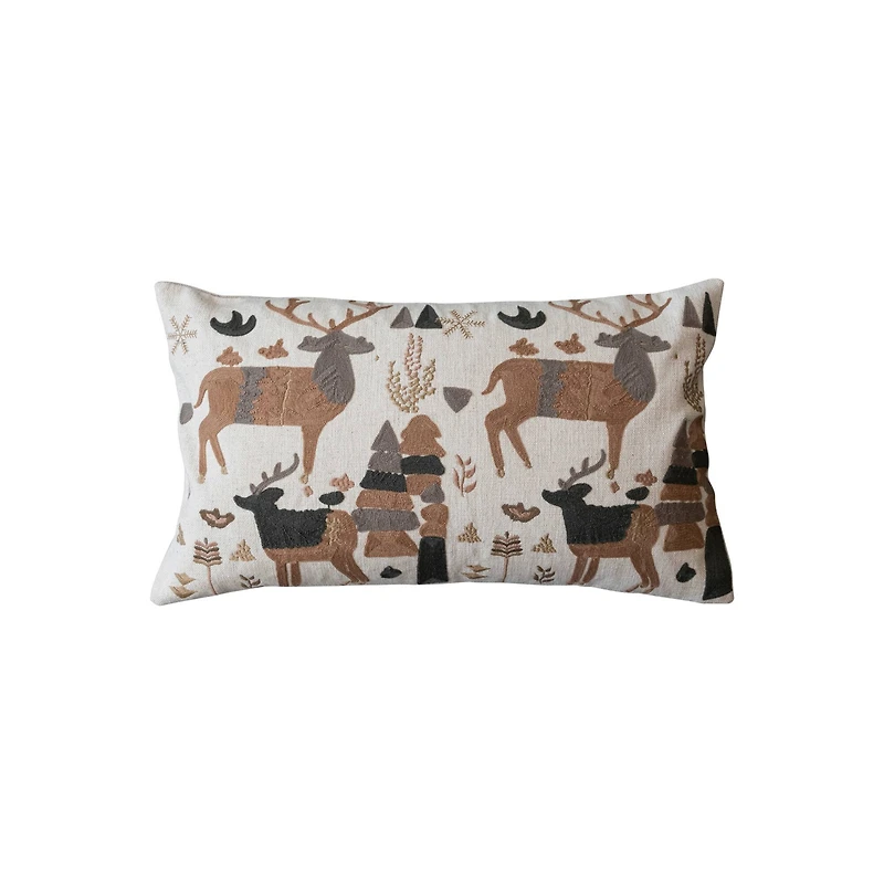 Hello Honey® 24" x 14" Embroidered Reindeer Cotton & Linen Lumbar Throw Pillow