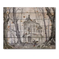 Designart - Haunted Castle In The Woods - Traditional Print on Natural Pine Wood