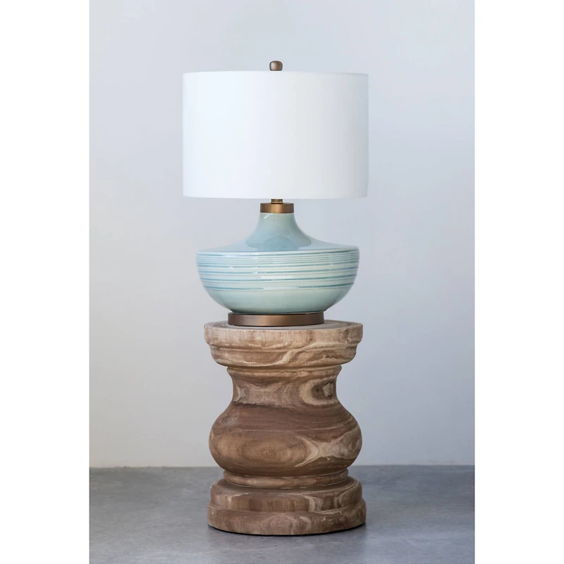 Hello Honey® Striped Aqua Ceramic Table Lamp with White Linen Shade
