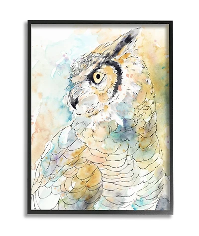 Stupell Industries Owl Side Eye Portrait Woodland Bird Watercolor in Black Frame Wall Art