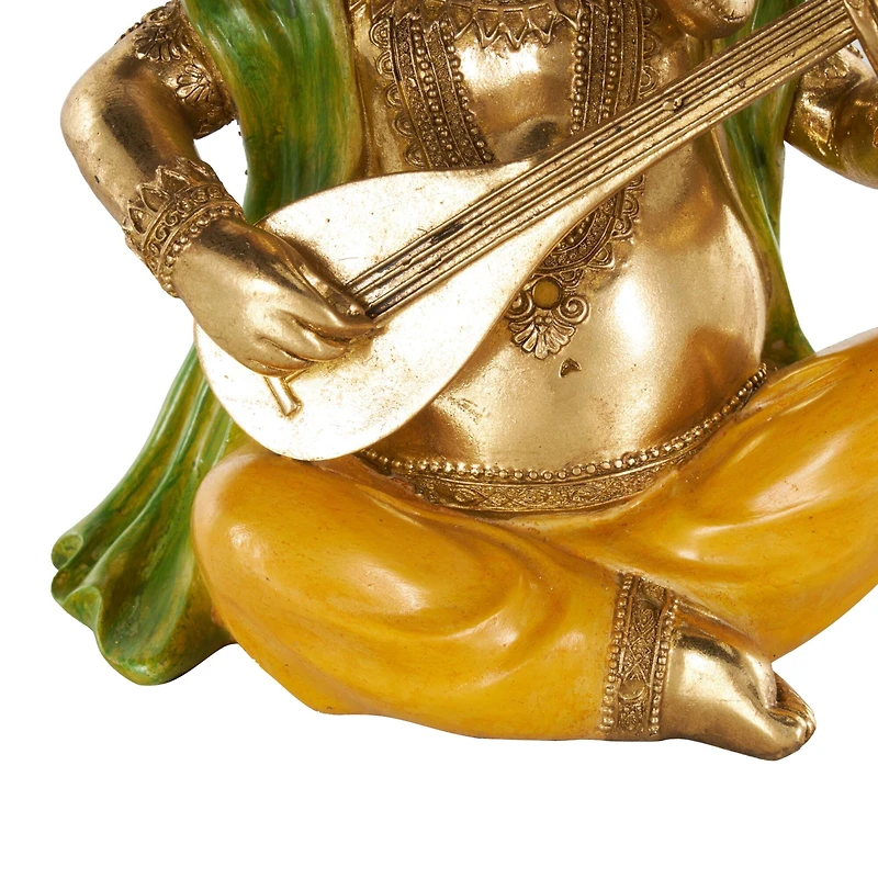 10.75" Gold Ganesh Musician Decorative Sculpture with Green, Yellow, and Red Accents