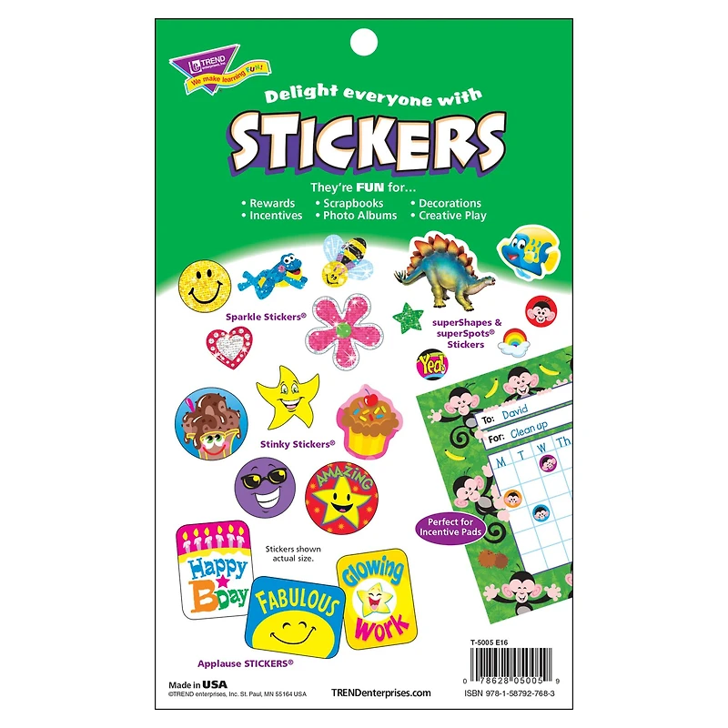 Trend Enterprises® Sparkly Stars, Hearts, & Smiles Sticker Pad, 6 Pads of 336