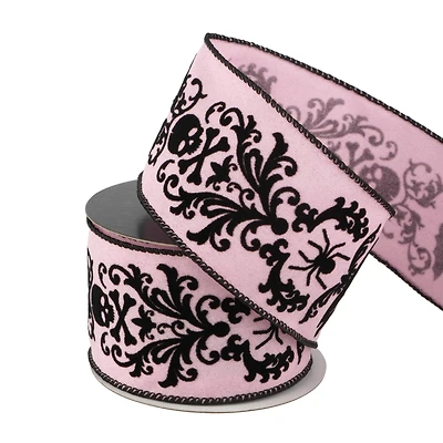 2.5" x 20ft. Black & Pink Flocked Damask Skulls Wired Ribbon by Celebrate It® Halloween