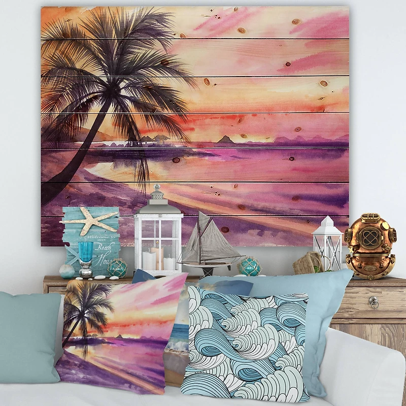 Designart - Pink and Purple Palm Beach Sunset