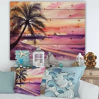 Designart - Pink and Purple Palm Beach Sunset