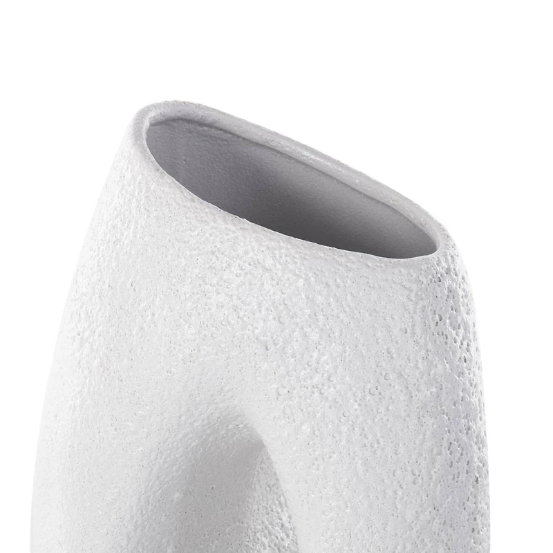 15" White Ceramic Abstract Textured Vase with Cutout Center