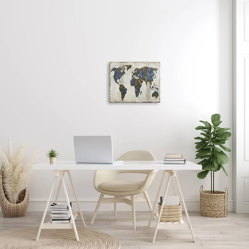 Stupell Industries Gold Blue World Map Design Canvas Wall Art