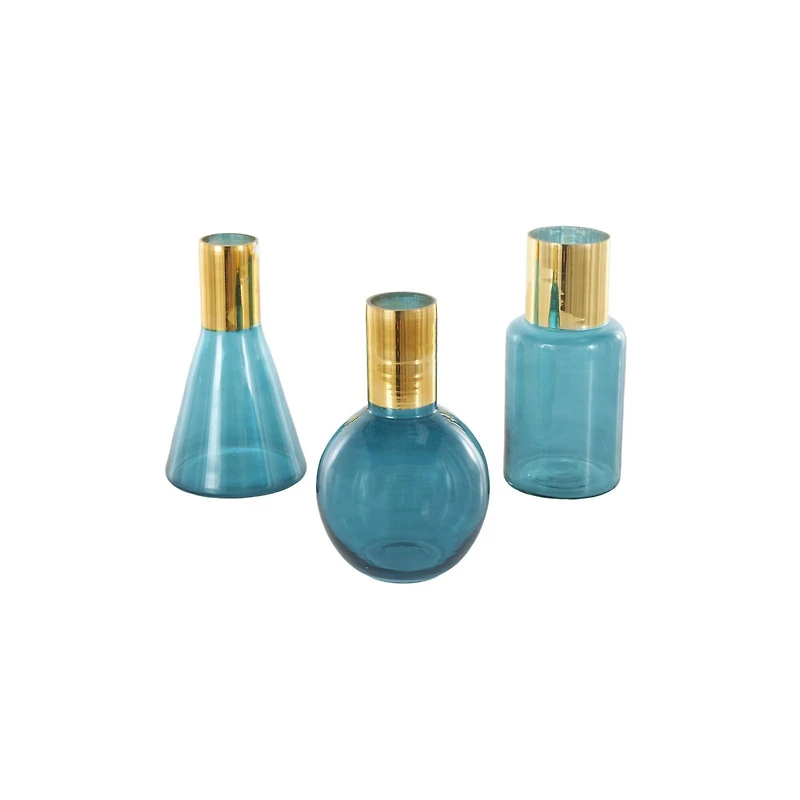 Blue & Gold Geometric Glass Vase Set