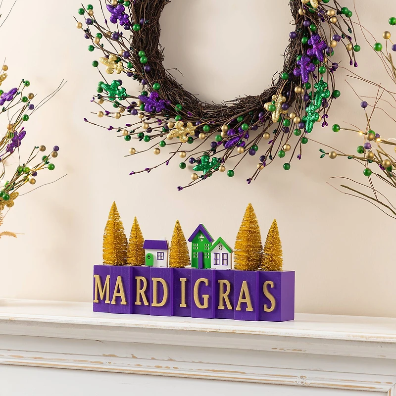 Glitzhome® 14" Mardi Gras Wooden House and Brush Trees Table Decor