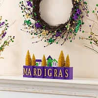 Glitzhome® 14" Mardi Gras Wooden House and Brush Trees Table Decor