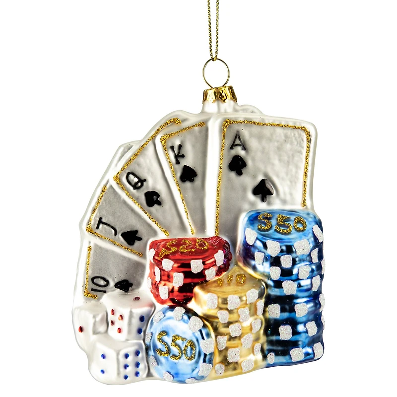 4" Silver & Blue Poker Playing Cards with Dice & Chips Christmas Ornament