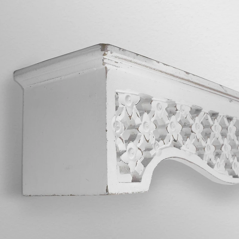30" Whitewashed Hand-Carved Medallion Floating Wall Shelf