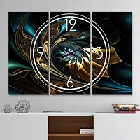 Designart Brown Blue Fractal Flower In Black Multipanel Wall Clock