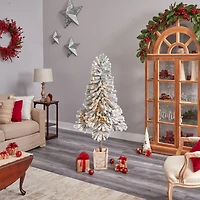 5ft. Pre-Lit Winter Flocked Leaning Artificial Christmas Tree in Decorative Planter, White LED Lights