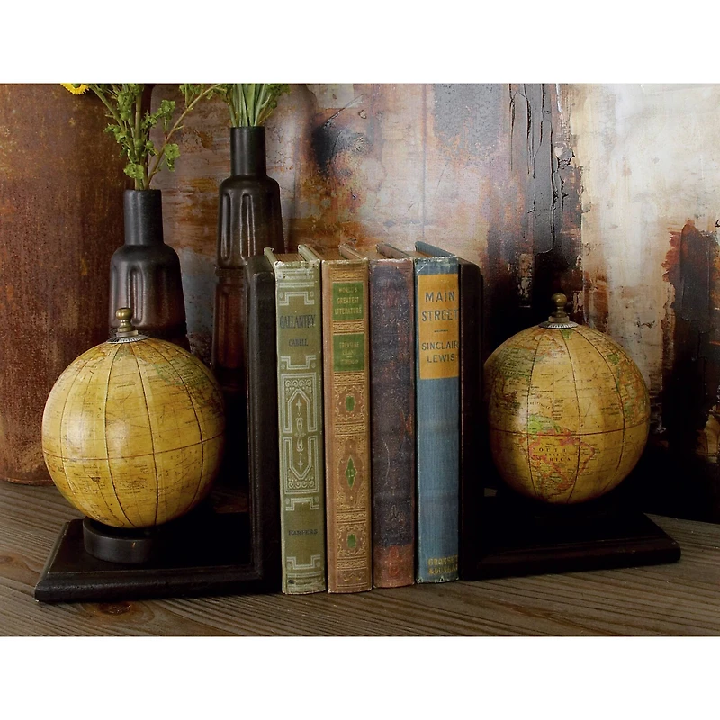 8" Rustic Brown Wood Globe Bookends