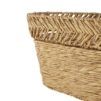 30" Brown Seagrass Handmade Woven Oval Storage Basket with Zig Zag Patterned Rim