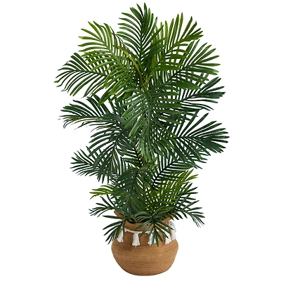 4ft. Areca Artificial Palm Tree in Boho Chic Handmade Natural Cotton Woven Planter with Tassels UV Resistant (Indoor/Outdoor)