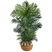 4ft. Areca Artificial Palm Tree in Boho Chic Handmade Natural Cotton Woven Planter with Tassels UV Resistant (Indoor/Outdoor)