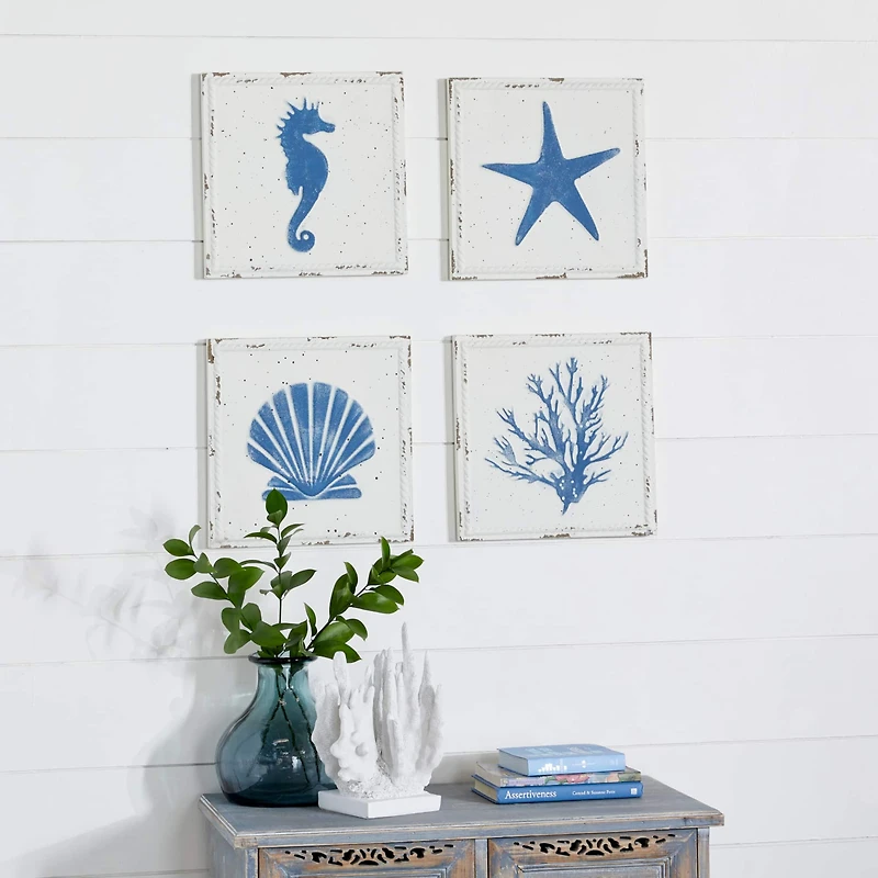 Set of 4 White Metal Coastal Wall Decor, 12" x 12"