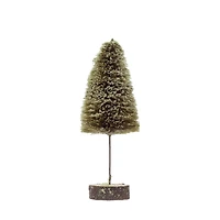 Hello Honey® 12.5" Sisal Bottle Brush Tree with Wood Slice Base & Snow Finish