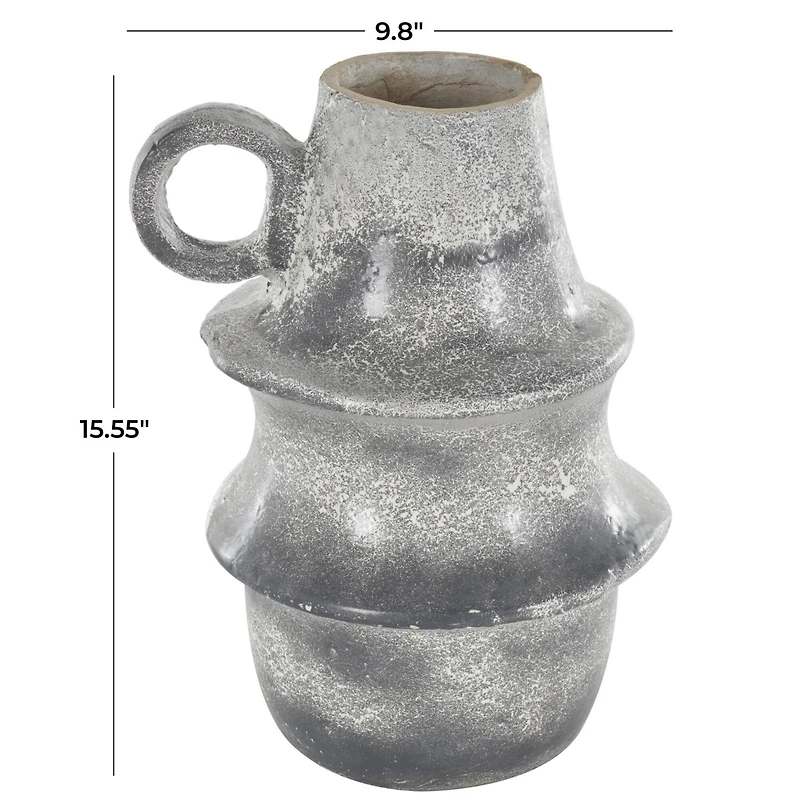 16" Light Gray Paper Mache Distressed Fluted Vase with Ring Handle