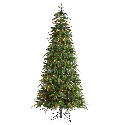 Glitzhome® 7.5ft Pre-Lit Green Slim Fir Artificial Christmas Tree, Multicolor LED Lights