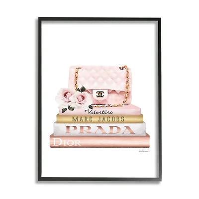 Stupell Industries Pink Purse Gold Bookstack Glam Fashion Watercolor Design Framed Wall Art