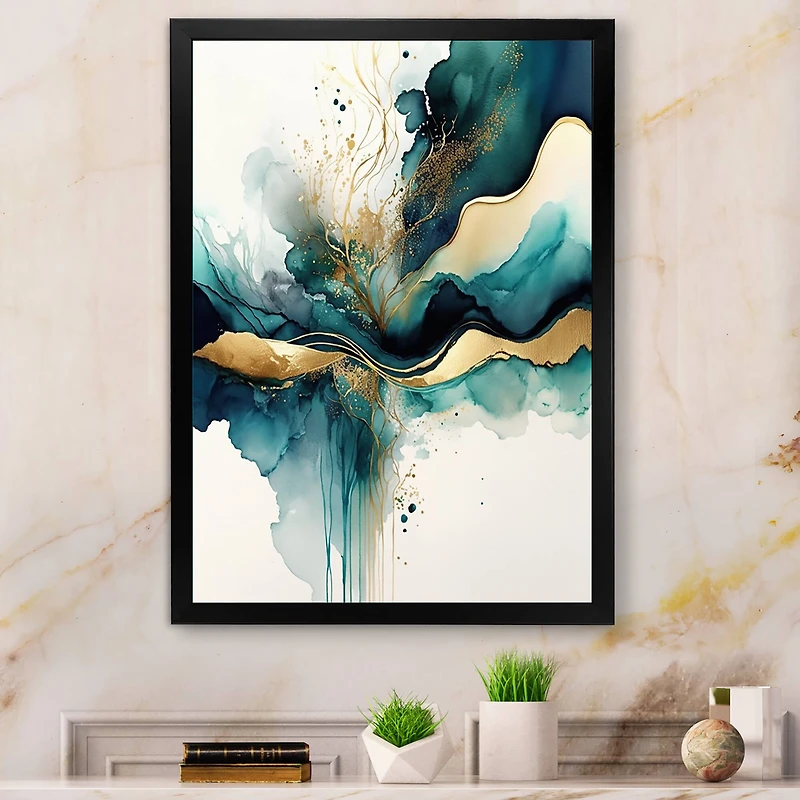 Designart 'Teal And Gold Abstract Expression III' Modern Framed Canvas Wall Art