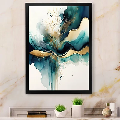 Designart 'Teal And Gold Abstract Expression III' Modern Framed Canvas Wall Art