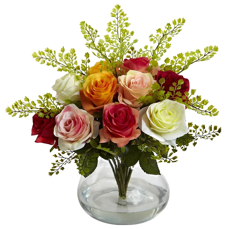 14" Mixed Rose & Maiden Hair Floral Arrangement with Vase