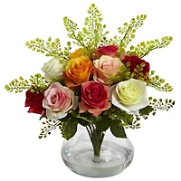 14" Mixed Rose & Maiden Hair Floral Arrangement with Vase
