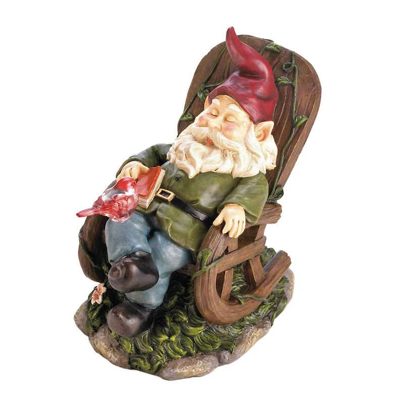 9" Solar Red Bird & Gnome Rocking Chair Statue