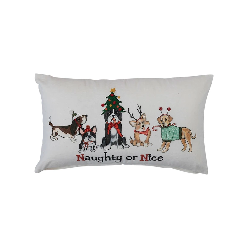 Hello Honey® 24" Embroidered Naughty or Nice Dogs Cotton Slub Lumbar Pillow