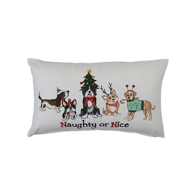 Hello Honey® 24" Embroidered Naughty or Nice Dogs Cotton Slub Lumbar Pillow