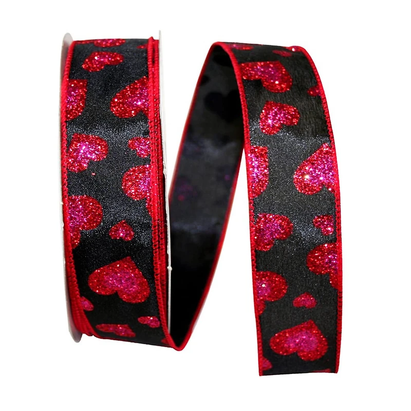 JAM Paper 1.5" x 20yd. Wired Glitter Hearts Ribbon