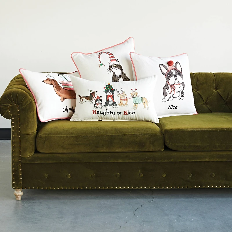 Hello Honey® 24" Embroidered Naughty or Nice Dogs Cotton Slub Lumbar Pillow