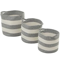 Gray Cotton Handmade Striped Storage Basket with Handles Set of 3 14", 12", 10"