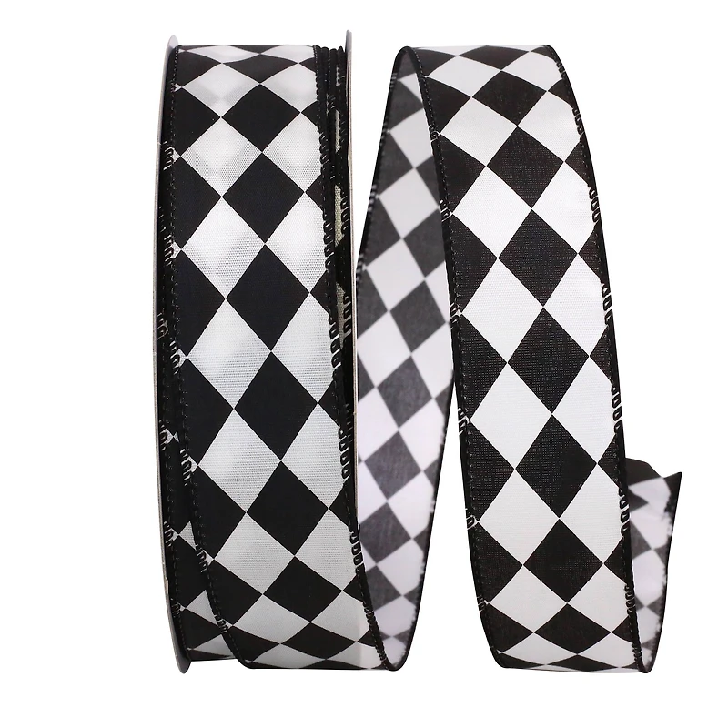 JAM Paper 1.5" x 50yd. Black & White Diamond Dan Wired Ribbon