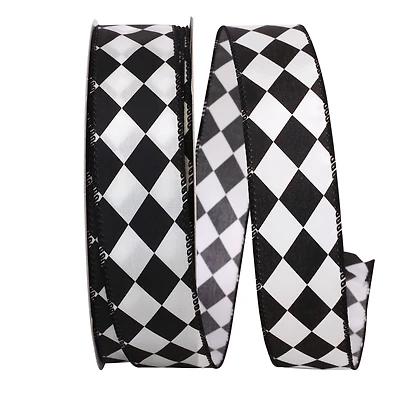 JAM Paper 1.5" x 50yd. Black & White Diamond Dan Wired Ribbon