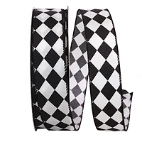 JAM Paper 1.5" x 50yd. Black & White Diamond Dan Wired Ribbon
