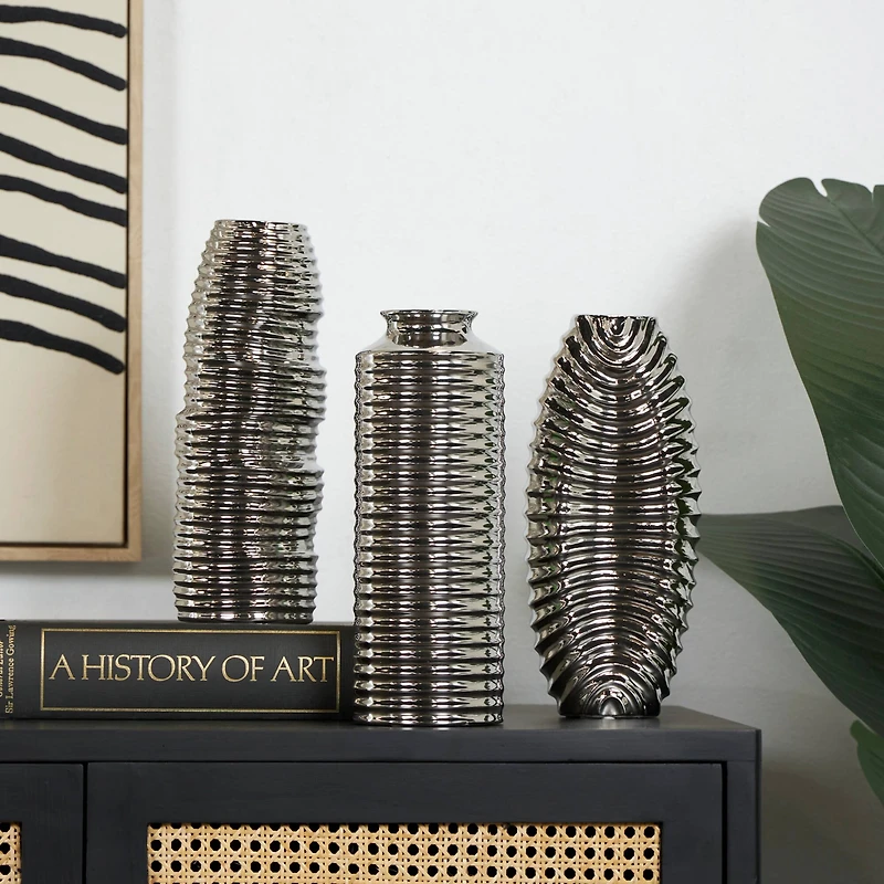 Silver Ceramic Dimensional Ribbed Vase Set