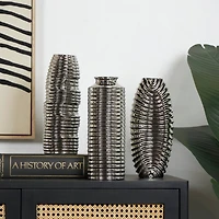 Silver Ceramic Dimensional Ribbed Vase Set