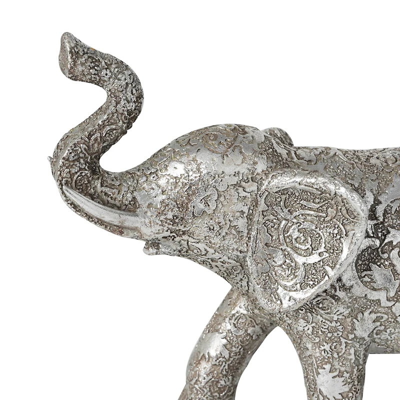 10" Silver Elephant Engraved Floral Sculpture