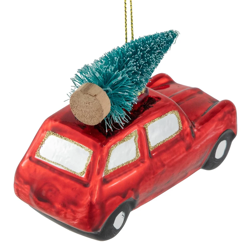 Station Wagon with Tree Glass Christmas Ornament - 3.5" - Red