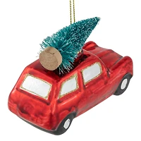 Station Wagon with Tree Glass Christmas Ornament - 3.5" - Red