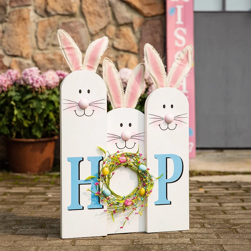 Glitzhome® 29.5" Easter Bunny Family HOP Wooden Porch Sign
