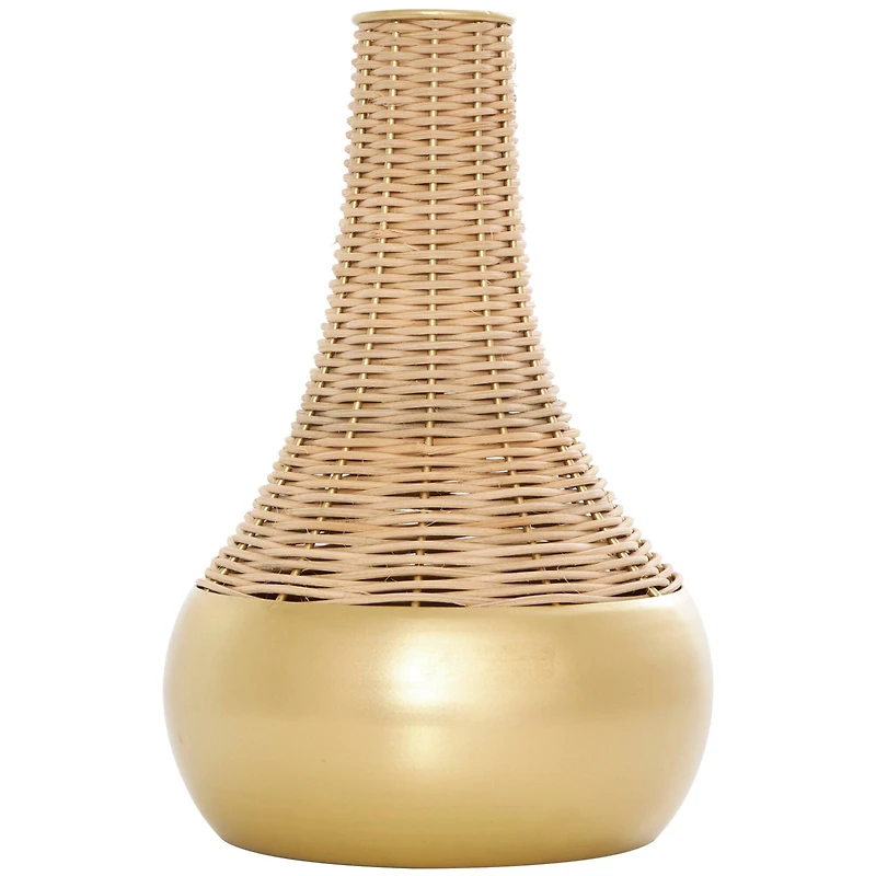 11" Brown & Gold Rattan Handmade Woven Vase
