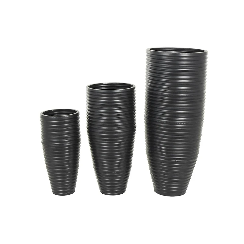 Black Ribbed Floor Metal Vase Set with Horizontal Grooves